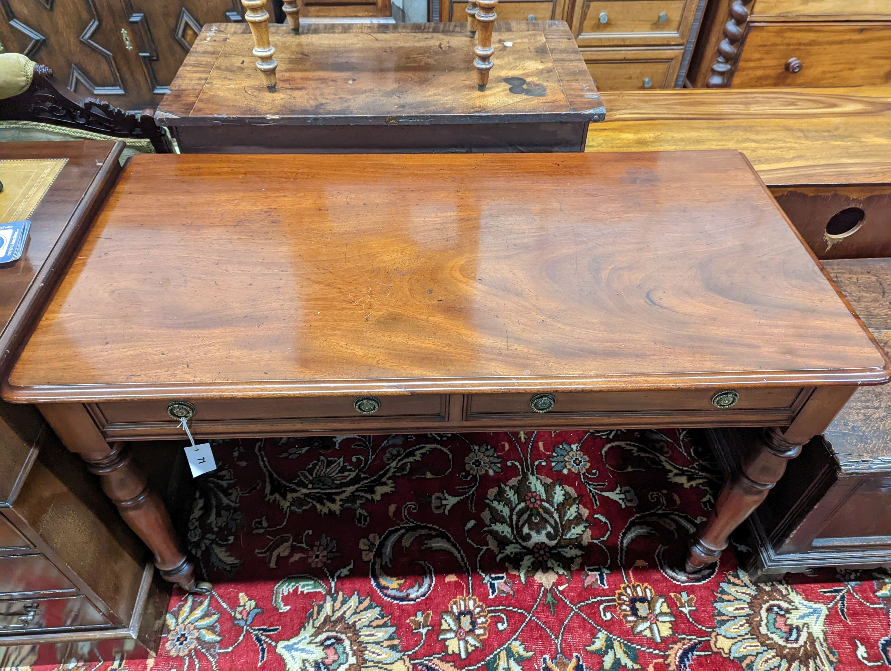 A Victorian mahogany two drawer side table, width 120cm, depth 60cm, height 75cm